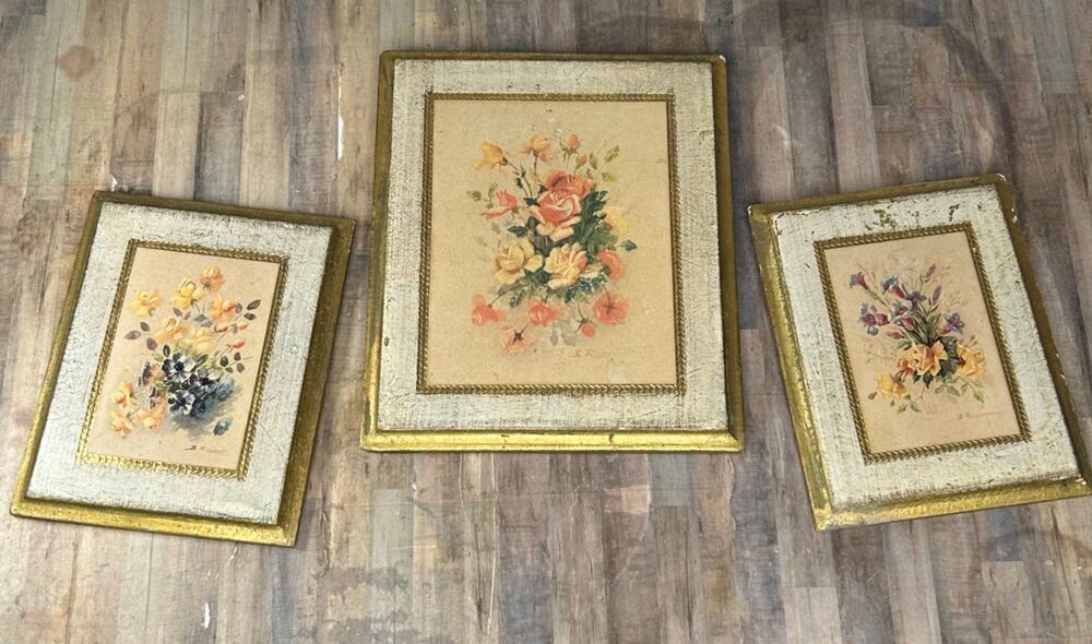 Vintage Marked Made in Italy Small Rectangles Floral Art Wall Frames Paintings